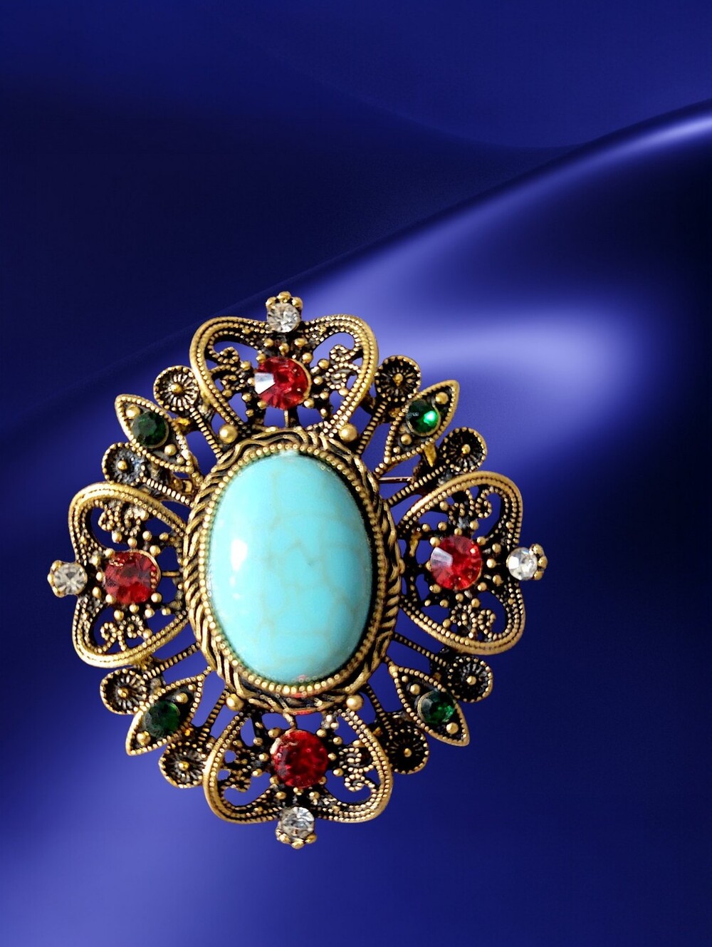 Howlite Center Filigree Brooch with Red & Green Accents
